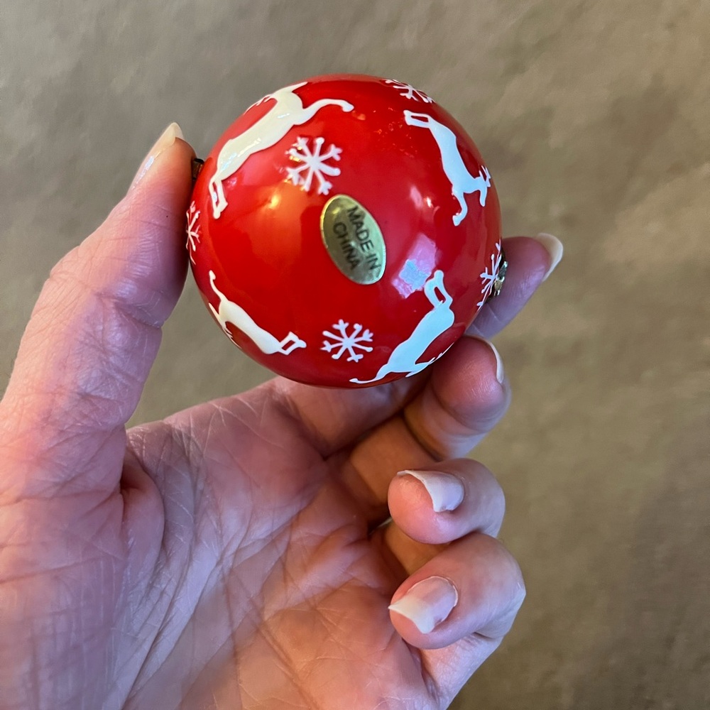 Red Holiday Ornament with Reindeer Design, Opens at Clasp - Picture 2 of 4